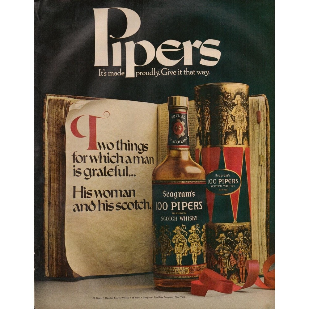 Seagram's 100 Pipers Scotch Whisky Vintage Bar Decor Magazine‎ Print Ad 1970